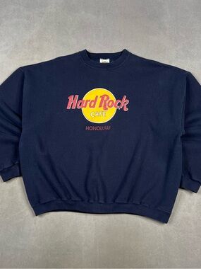 Vintage Hard Rock Cafe Navy Sweatshirt with Yellow and Red Logo